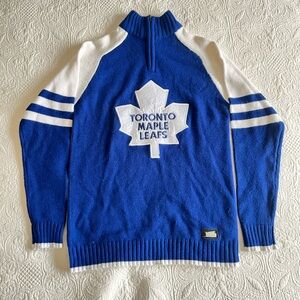 Vintage NHL Toronto Maple Leafs Knit Quarter Zip Blue and White Sweater Size S